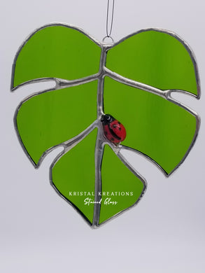 Monstera Leaf with Ladybug Stained Glass Suncatcher