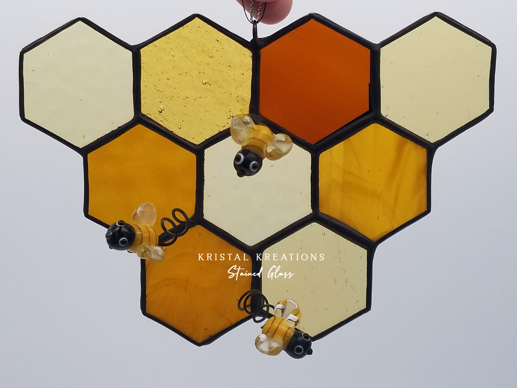 Large Honeycomb with Bees Stained Glass Suncatcher