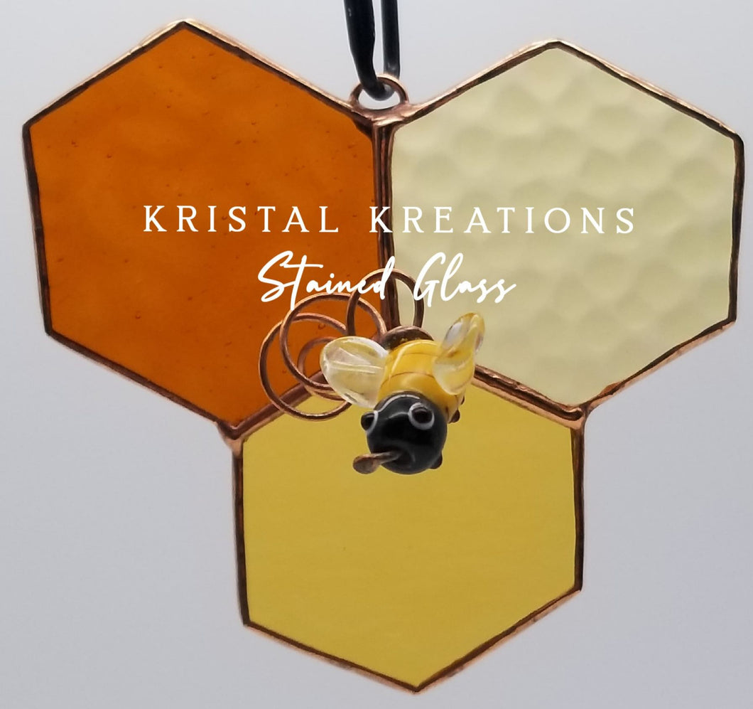 Honeycomb with Bee Stained Glass Suncatcher