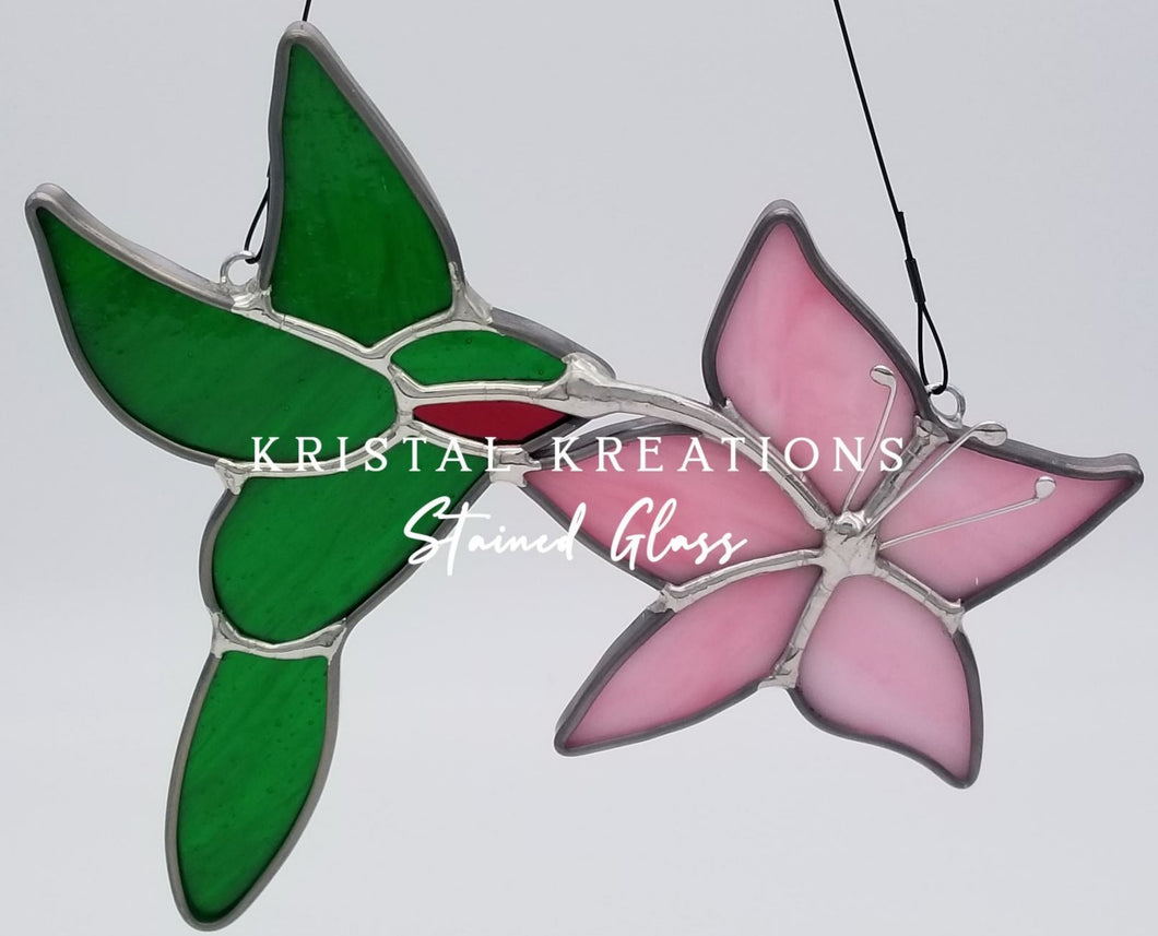 Hummingbird and Flower Stained Glass Suncatcher